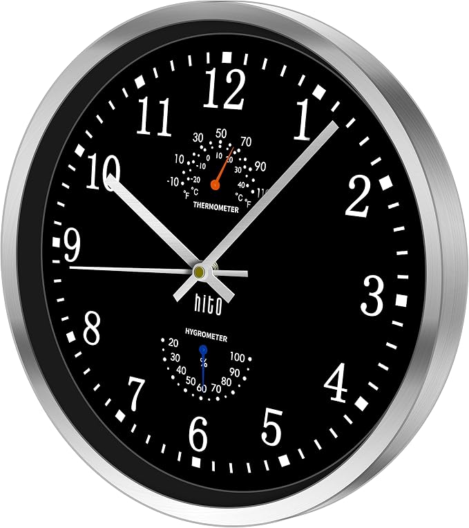 HITO 12 Inch Silent Wall Clock Battery Operated Non Ticking Glass Cover Silver Aluminum Frame, for Kitchen, Bedroom, Home Office, Living Room Decor (12" Black)