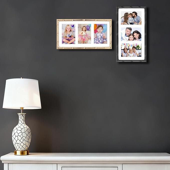 3-2x3'' Black Multi Metal Picture Frames,3 section frames 2pack, Elegant Bamboo Detail Designs Plated Photo Frames 3-2x3'' Baby Nurse frames With Soft Touch Velvet Backing for Desktop and Wall Décor(Black)