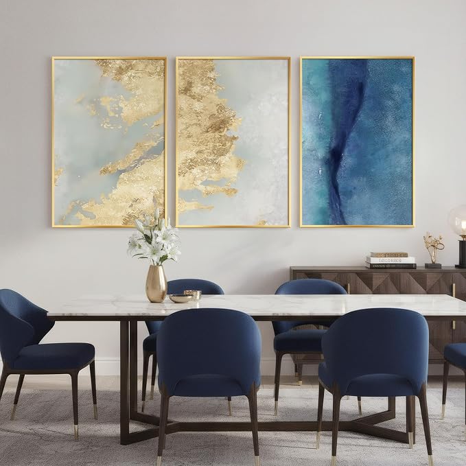 Large Framed Blue Gold Abstract Wall Art for Living Room, 3 Piece 24x36 In | Luxury modern pictures, Canvas prints, Contemporary painting, Elegant artwork for walls, Wall decor for dining bedroom office