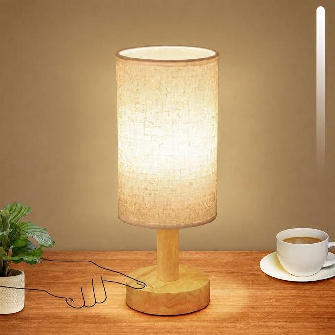 Rechargeable Cordless Touch Table Lamp with Stepless Dimming,Natural Wood Base&Linen Shade,Small Battery Wireless Ambient Night Light for Bedroom,Bedside,Nightstand,Nursery,Kitchen,Camping,Outdoor