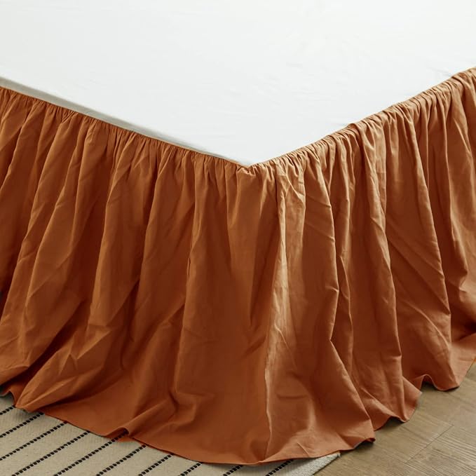 BISELINA French Linen Bed Skirt with Pleated Frills 22-Inch Tailored Drop Natural Flax Cotton Blend Dust Ruffle Soft Cozy Farmhouse Bedding (22" Full, Ruffle Rust)