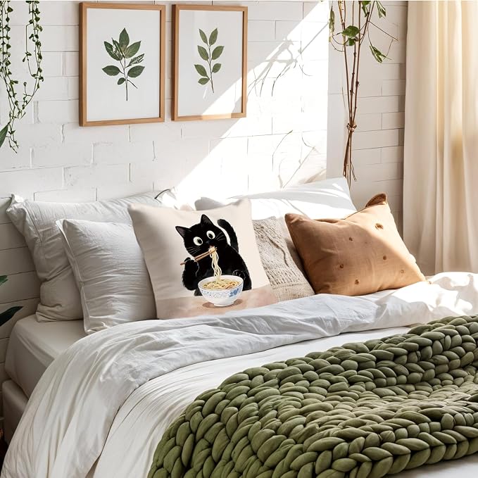 Funny Black Cat Pillow Covers 18x18, Cat Mom Lovers Lady Gifts for Women, Black Kitten Eating Noodle Decorative Throw Pillow Covers Pillowcases for Home Bedroom Living Room Decor