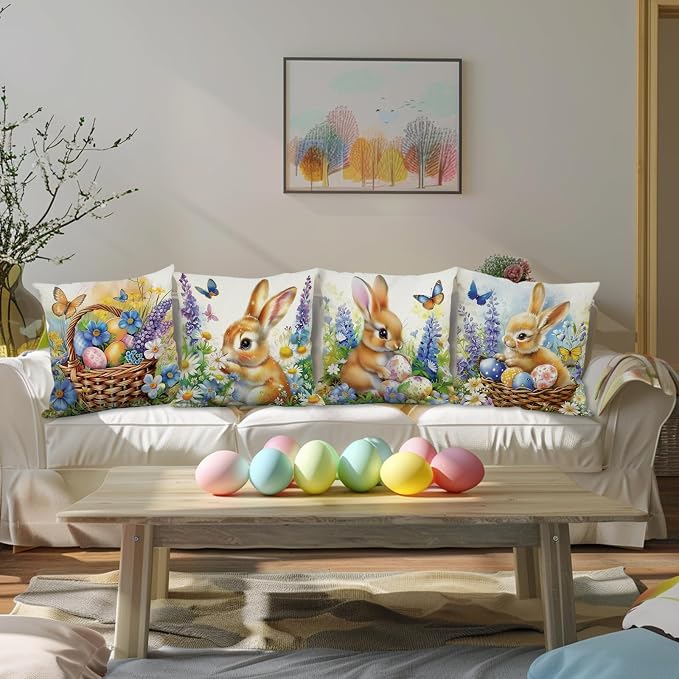 Easter Pillow Covers 18x18 Inch Set of 4 Bunny Eggs Throw Pillow Covers Easter Floral Butterfly Decorative Pillowcase Cushion Case for Home Sofa Living Room Farmhouse Decorations