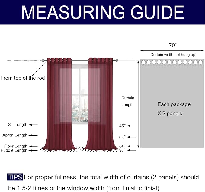 DWCN Sheer Curtains, Faux Linen Grommet Window Curtain Voile Sheer Drapes for Living Room Bedroom Thanksgiving Day & Christmas Decor Set of 2 Panels 70 x 95 Inch Long, Burgundy Red