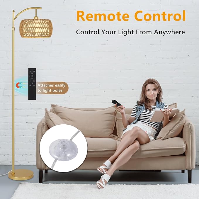 eyassi Arc Floor Lamp with 3 Color Temperatures, LED Gold Floor Lamp with Remote & Stepless Dimmable Bulb, Boho Standing Lamp with Rattan & Fabric Shades, Farmhouse Tall Lamp for Living Room Bedroom