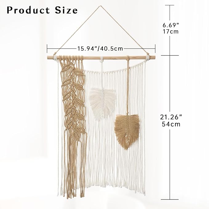 Briful Macrame Wall Hanging with Woven Feather Leaves 15.94" x 21.26"