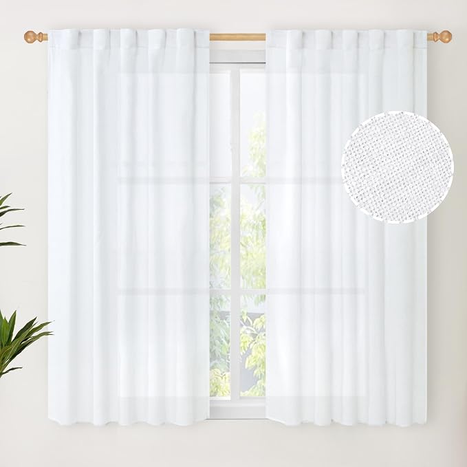 YoungsTex White Linen Semi Sheer Curtains 48 Inch Length 2 Panels | Short Drapes with Rod Pocket Back Tab Privacy for Bathroom Living Room Window Light Filtering, 42 X 48 Inch
