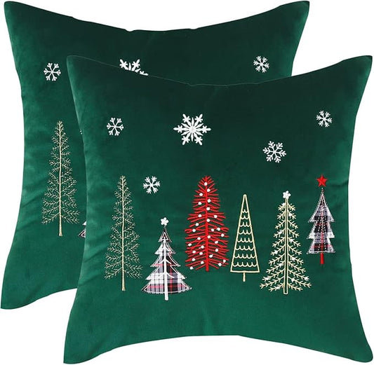 Christmas Embroidery Throw Pillow Covers 20 x 20 inch Set of 2 Christmas Decor Velvet Pillowcases Forest Green Xmas Trees Cushion Pillow Cases Soft Square Holiday Pillowcase