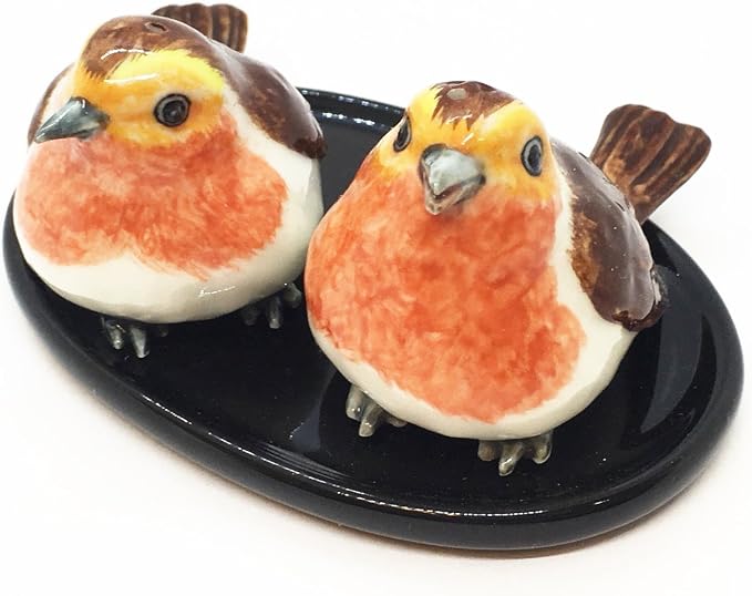 WitnyStore Tiny 3¼" Long Couple of Robin Bird Salt Pepper Shaker Figurines - Miniature Hand Made Ceramic Birds Aves Colorful Porcelain Feathered Animals Cute Decorative Collectible Figures Décor Gifts
