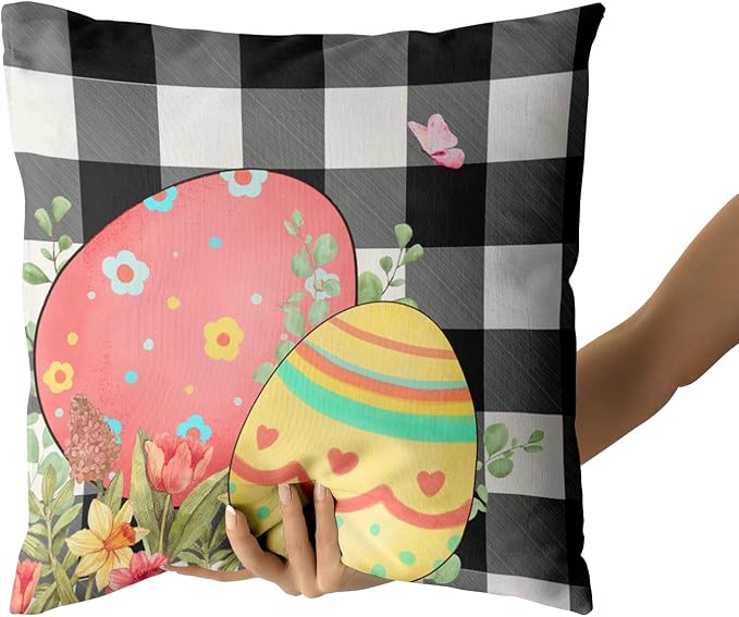 Giwawa Easter Pillow Covers 16x16 Inch, Easter Bunny Eggs Throw Pillowcases with Black White Buffalo Plaids, Cute Rabbit Spring Flower Cotton Cushion Cover for Sofa Couch Bedding Decor, Set of 2