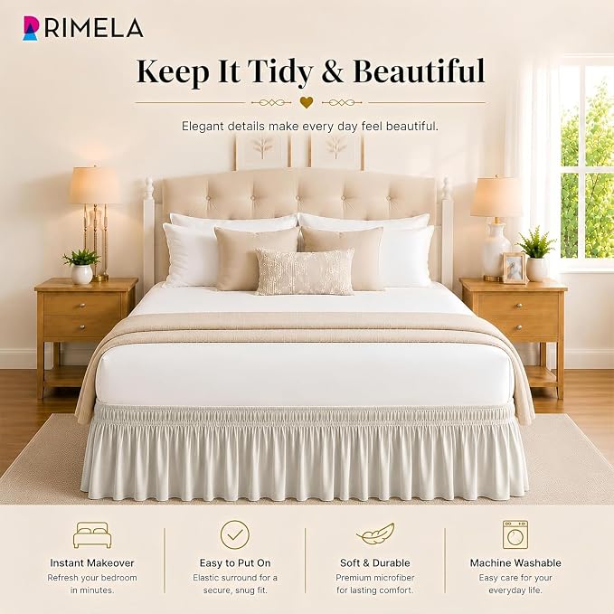 RIMELA Ivory Bed Skirt King Size 15 Inch Drop, Elastic Bed Skirting for Bed Base and Frame, Bedding Dust Ruffle Easy to Install, Lightweight Wrap Around Adjustable Bedskirt | Solid Ruffled, Easy to Use, No Mattress Lifting, Wrinkle & Fade Resistant, wi...