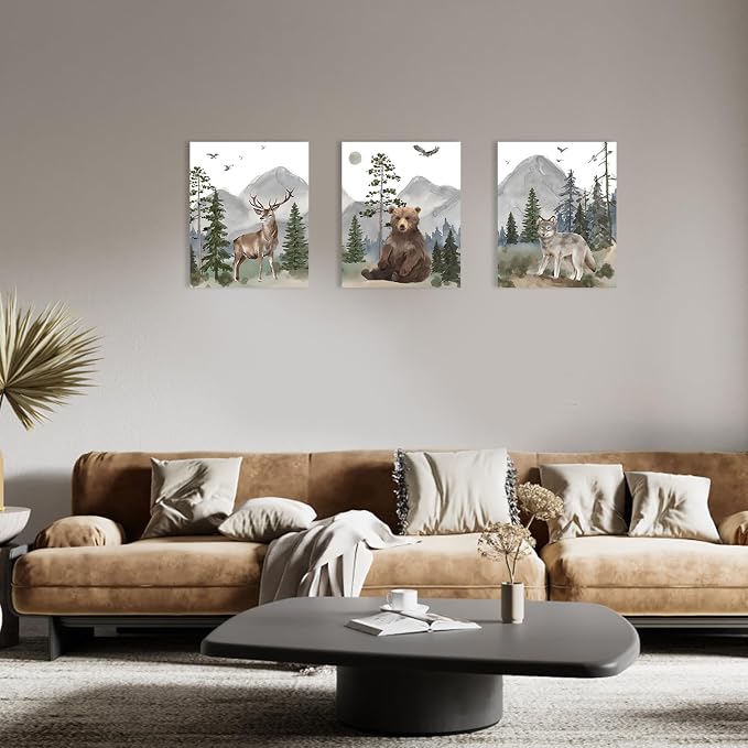 Woodland Nursery Wall Art Decor: Forest Themed Animal Wall Art Prints Canvas Posters Nursery Decor for Boys Girls Room,Wildlife Deer Bear Wolf Pictures for Bedroom Wall Decor,12x15 Inch,Set of 3
