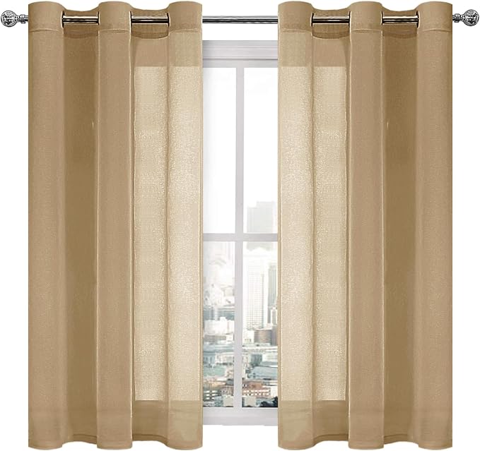 DWCN Taupe Sheer Curtains for Living Room Bedroom - Faux Linen Look Voile Drapes Grommet Top Window Curtain Panel 46 x 45 Inch Length, Set of 2 Panels