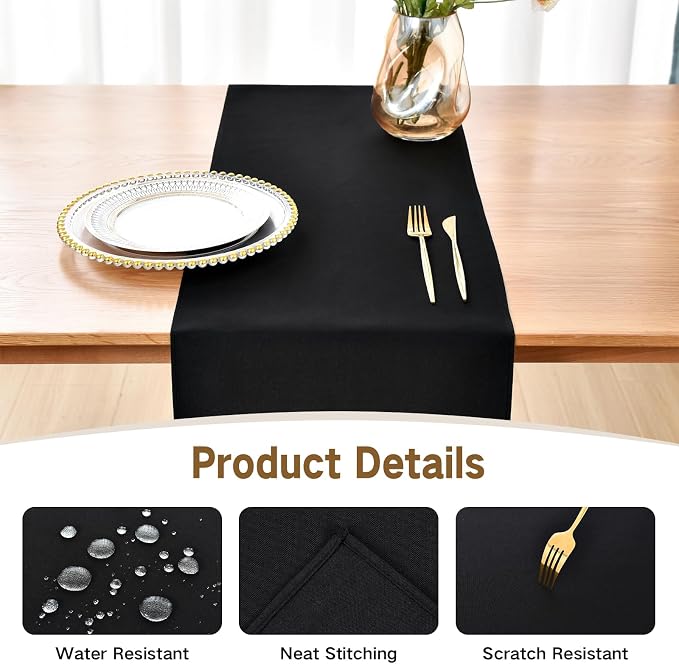 Faux Linen Table Runner Water Resistant 13 x 90 in, Black | Farmhouse Rustic Table Runners, Coffee Table Runner, Dresser Runners for Bedroom, Living Room, Kitchen, Dining, Party