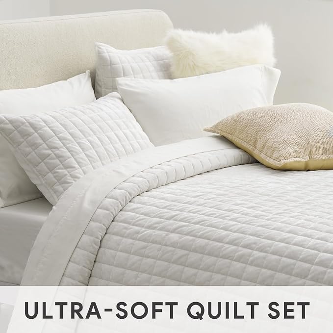 RECYCO Velvet Quilt Set, Oversized California King 118"x106", Bright White | Channel Box Stitch Velvet Comforter Set, Ultra Soft Lightweight Bedspread Coverlet, All Season Bedding Set, with 2 Shams