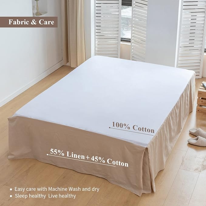 BISELINA French Linen Bed Skirt with Pleated Corner 18-Inch Tailored Drop Natural Flax Cotton Blend Basic Dust Ruffle Soft Cozy Farmhouse Bedding (18" King, Basic Linen)