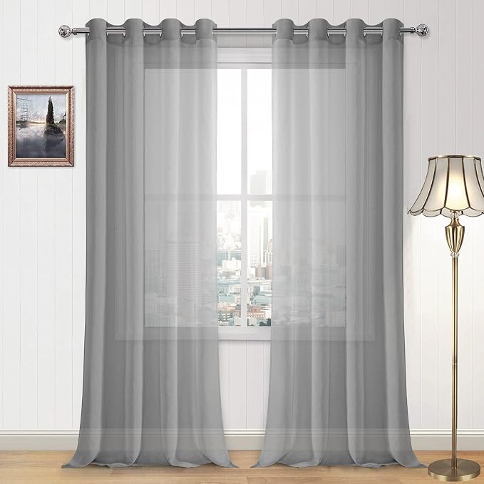 DWCN Grey Sheer Curtains for Living Room Bedroom - Faux Linen Look Voile Drapes Grommet Top Window Curtain Panel 52 x 120 Inches Long, Set of 2 Panels