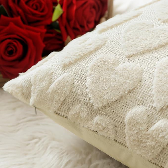 Artscope Valentines Pillow Covers 12x20 Set of 2 Decorative Love Heart Valentines Day Throw Pillow Cases Soft Plush Faux Fur Couch Cushion Case for Holiday Sofa Bed Room Home Decor-Beige Heart
