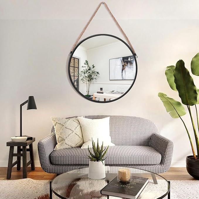 Hanging Circle Mirror Black Metal Framed Round Mirrors with Rope Modern Hanging Mirror for Bathroom Bedroom Living Room Entryway Home Wall Decor 20"