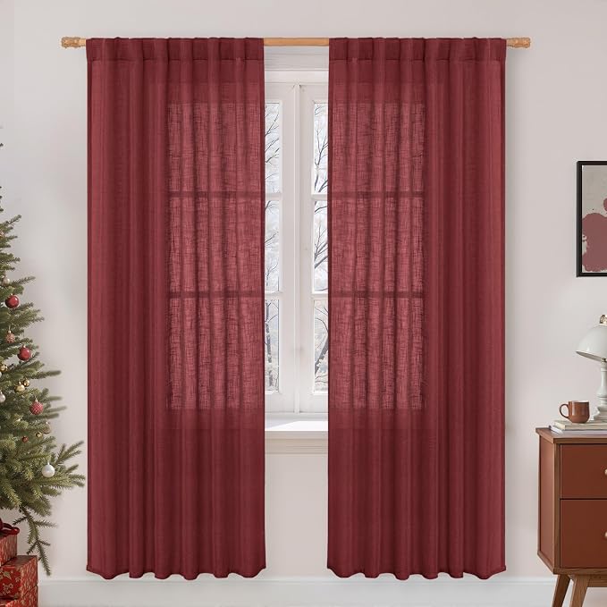 Burgundy Red Sheer Linen Curtains, Light Filtering Drapes 2 Panels | Semi Sheer Panels, Christmas Drapes for Bedroom, Living Room, Window Treatment, Rod Pocket Back Tab, 2 Panels, 52 x 80 Inch