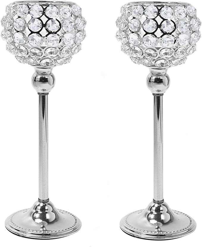 Silver Crystal Candle Holders Set of 2 Candelabra Dining Table Centerpiece Table Decorations for Dining Room Living Room Coffee Dinner Table Decor Wedding Christmas (Silver, 2pcs 12")