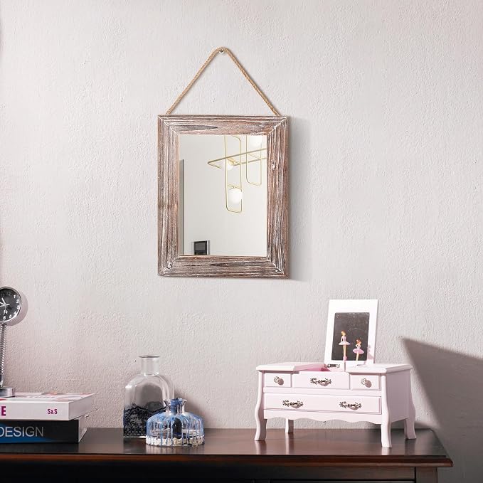 Farmhouse Wall Mirror Washed Brown Rectangle Rustic Wood Mirror 16 X 12 Inch Decorative Wood Frame with Mirror and Hanging Hemp Rope, Hanging Mirror for Bathroom Bedroom, Entryway, Dresser Wall Mirror