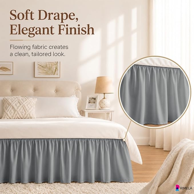 Grey Bed Skirt Queen Size 15 Inch Drop, Elastic Wrap Around Bedskirt | Solid Ruffled, Easy to Use, No Mattress Lifting, Wrinkle & Fade Resistant, with Adhesive Strips, Machine Wash/Dry/Iron