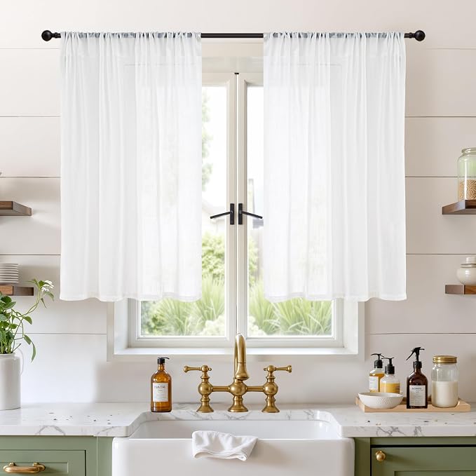 BGment 40 Inches Long White Linen Curtains for Kitchen Cafe Window | Semi Sheer Short Length Drapes with Rod Pocket Light Filtering for Bedroom Bathroom Lightweight, 2 Panels Set, 42 X 40 Inch