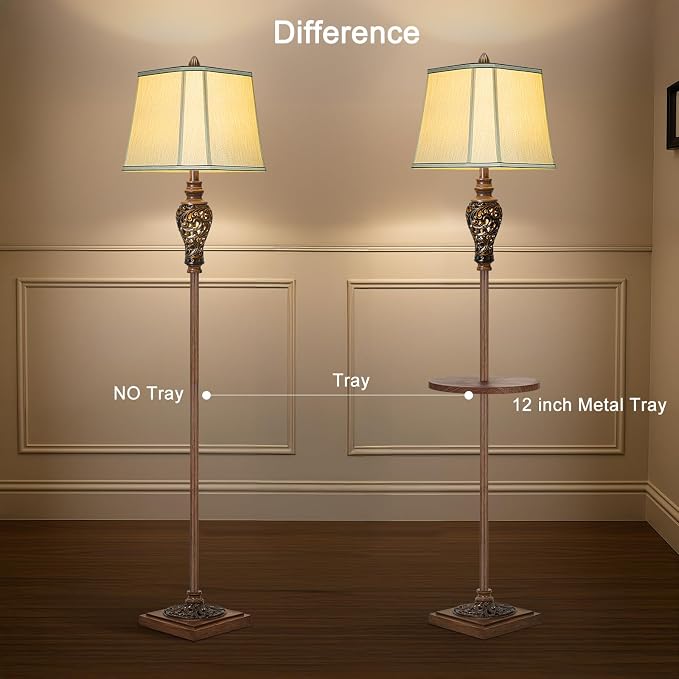 65" High Vintage Floor Lamp with Night Light and Metal Tray, Carving Design