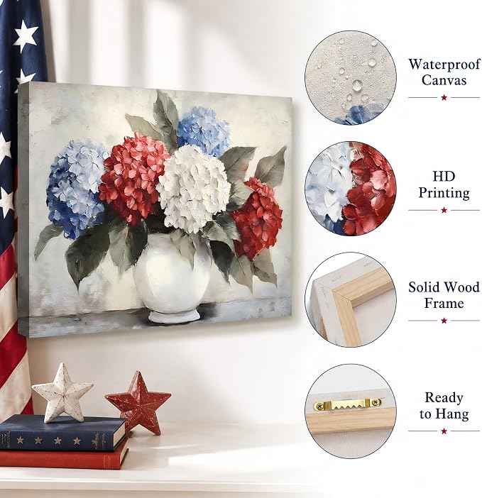 RIBNTAK Patriotic Hydrangea Wall Art USA Red White Blue Flower Vase Print Pictures Wall Decor Canvas Painting Artwork Decorations for Bedroom Bathroom Kitchen Living Room,Made in USA