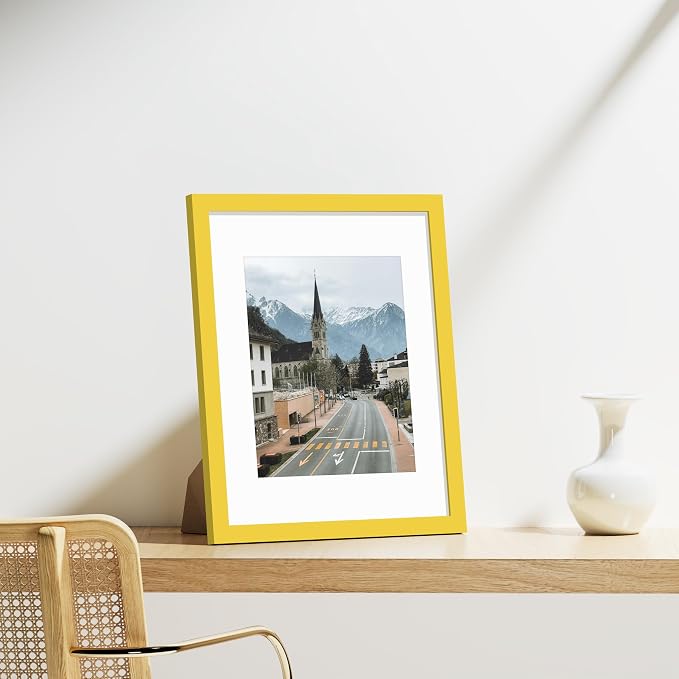 Vittanly 11x14 Picture Frames Set of 9 for Wall Mounting, Yellow | Display Pictures 8x10 with Mat or 11x14 without Mat, Engineered Wood with Shatter Resistant Plexiglass, Gallery Photo Frames