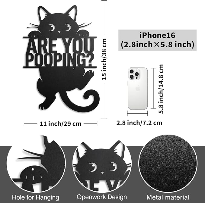 Black Cat “Are You Pooping” Bathroom Signs Wall Art,15x11 Inch Funny Metal Cat Restroom Sign Animal Bathroom Wall Art for Toilet, Cat Lover Gifts for Women Home Decor