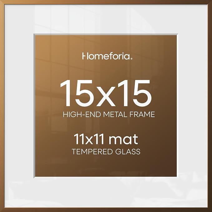 Homeforia 15x15 Bronze Picture Frame, High-End Metal, 11x11 Mat, Glass