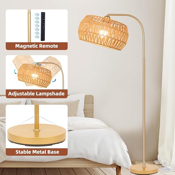 Brilvibera Boho Gold Farmhouse Floor Lamp- Rattan Lamp with Remote and Bulb