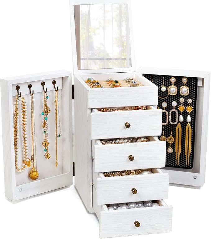 Meangood Jewelry Box Wood for Wowen, 5-Layer Large Organizer Box with Mirror & 4 Drawers for Rings, Earrings, Necklaces, White