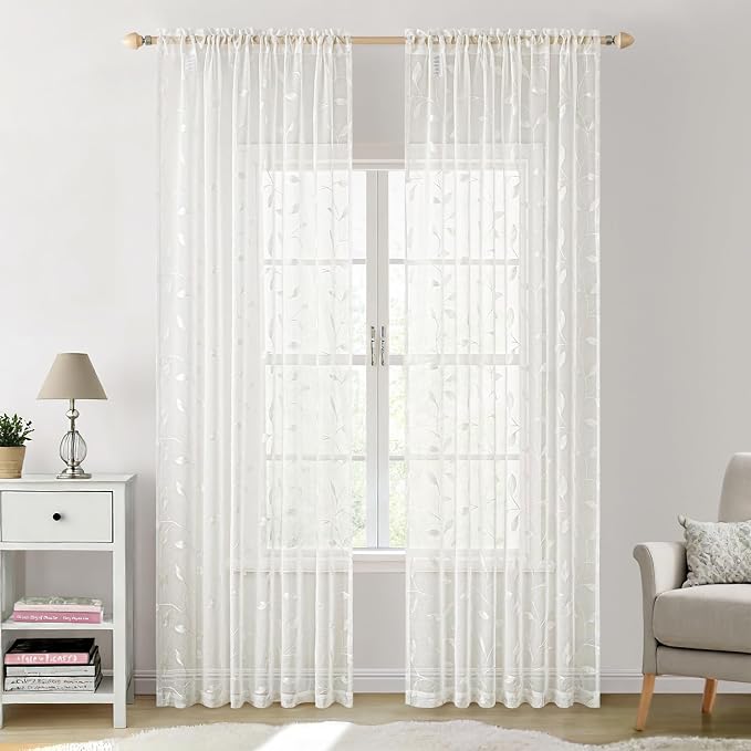 MIULEE Ivory Sheer Curtains 2 Panels Embroidered Leaf Patterned, W52 x L84 | Embroidered Floral Semi Sheer,Rod Pocket,Faux Linen,Short Window Curtains Drapes Set for Kitchen/Bathroom/Cafe