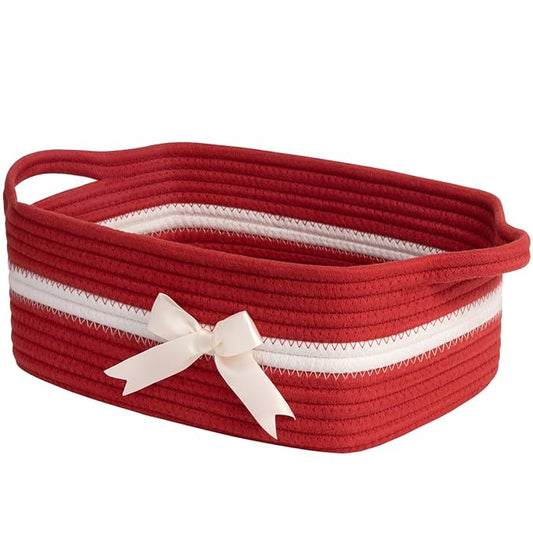 CHICVITA Small Woven Rope Gift Basket, Decorative Burr Basket, Red | 13" x 10" x 5" Storage Baskets for Toys & Baby Essentials, Fits Nursery & Bedroom Organization, Built-In Handles, Bow Design