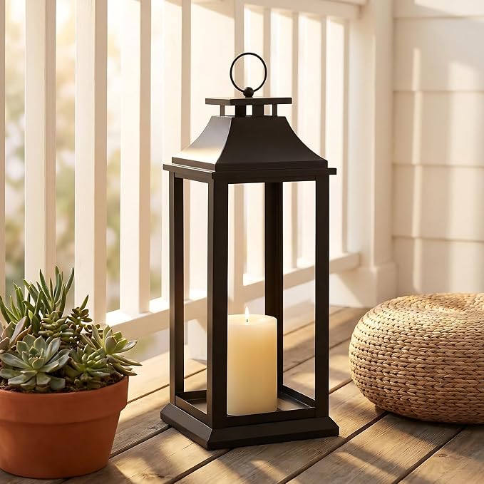 Modern Farmhouse Black Lantern Candle Holder – 18” Hanging Decorative Lantern for Indoor & Outdoor Home Décor – Ideal for Parties, Weddings, Porches, and Events (No Glass Panel), Size Medium