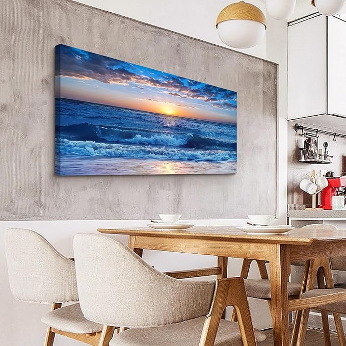 Wapluam Large Canvas Wall Art - Modern Decor for Living Room, Bedroom, Office - Ocean Beach Scene - Blue Sea View - Framed Prints - 24" x 48"