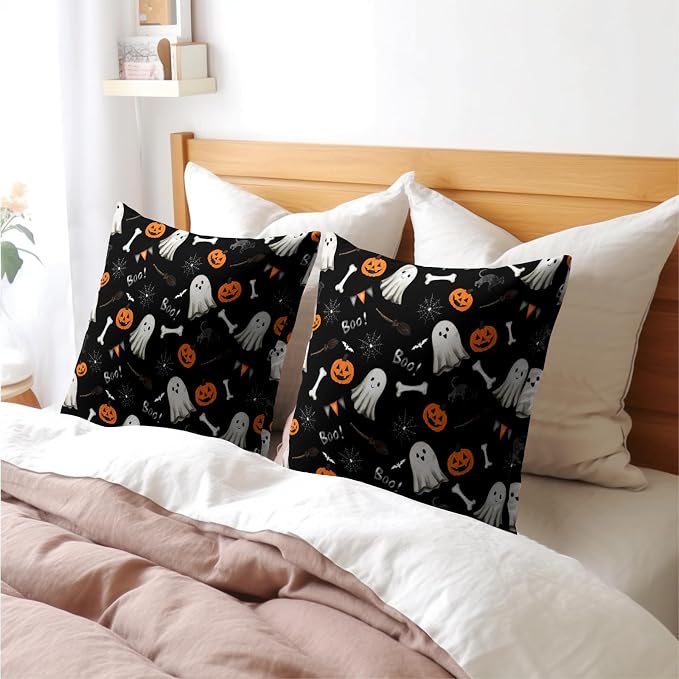 Halloween Throw Pillow Covers 16X16 Inch 2 Packs Boo Cute Ghost Orange Pumpkins Bat Web Decorative Black Pillow Cases Holiday Cotton Linen Cushion Cover for Home Sofa Porch Outdoor Decor