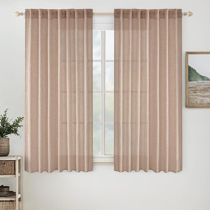 MIULEE Natural Beige Linen Curtains 52x63 Inch Long for Bedroom Living Room | 2 Panels, Soft Linen Textured Window Drapes, Semi Sheer Light Filtering, Back Tab Rod Pocket, Farmhouse Burlap Look Decor