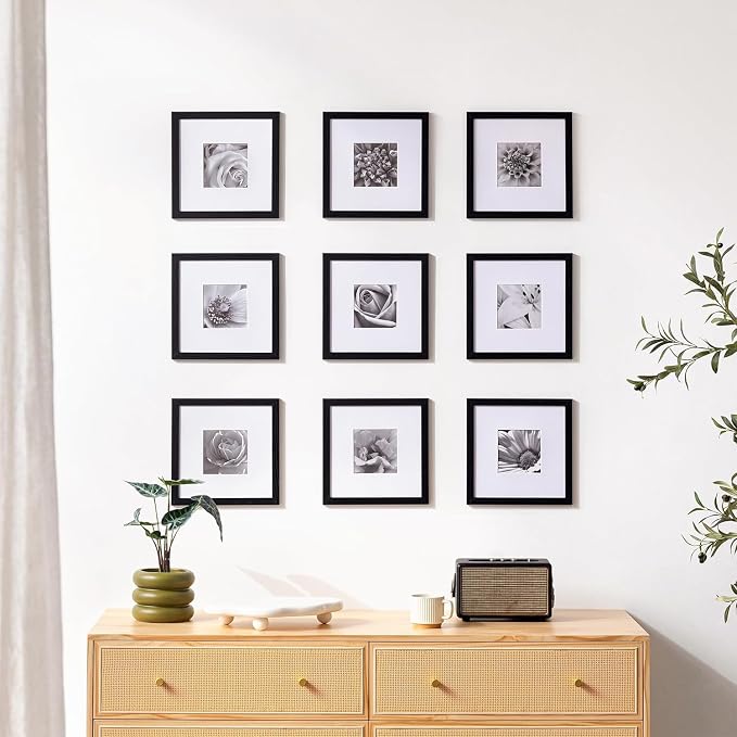 eletecpro Picture Frames Set of 9, 10x10 in, Acrylic Cover, Black | Display Photo 5x5 with Mat or 10x10 without, Square Gallery Collage, Wall Mount, Minimalist Home Decor, Engineered Wood