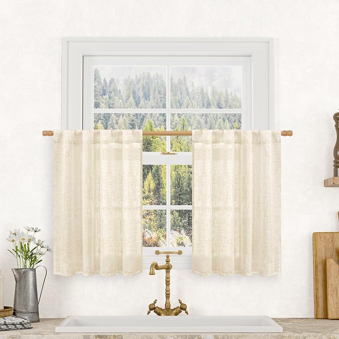 Short Linen Window Curtains 30 Inches Long 2 Panels 34 x 30 Inch | Beige, Semi Sheer, Light Filtering Panels, Neutral Drapes for Kitchen, Cafe, Basement, Small Windows, Rod Pocket Back Tab