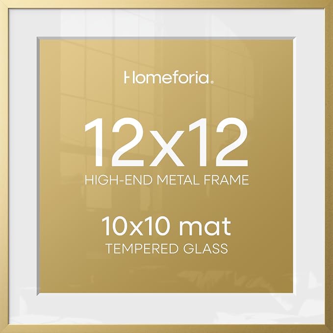 Homeforia 12x12 Gold Picture Frame, High-End Metal, 10x10 Mat, Glass