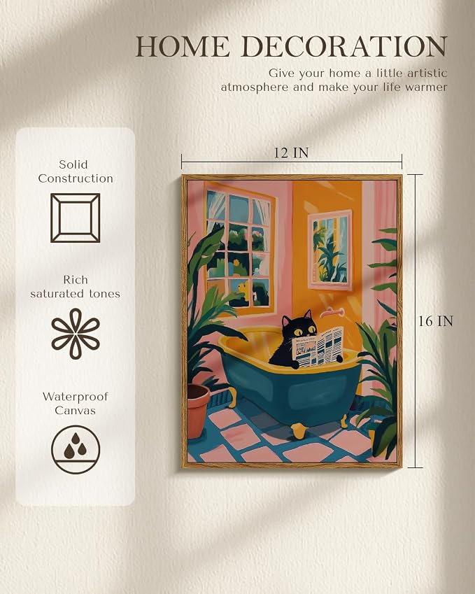 Black Cat Reading Newspaper in Bathtub 12x16 Framed Wall Art, Tub Scene, Lush Green Plants, Vintage Tiles Canvas Print, Bright Retro Whimsical Funny Bathroom Home Decor