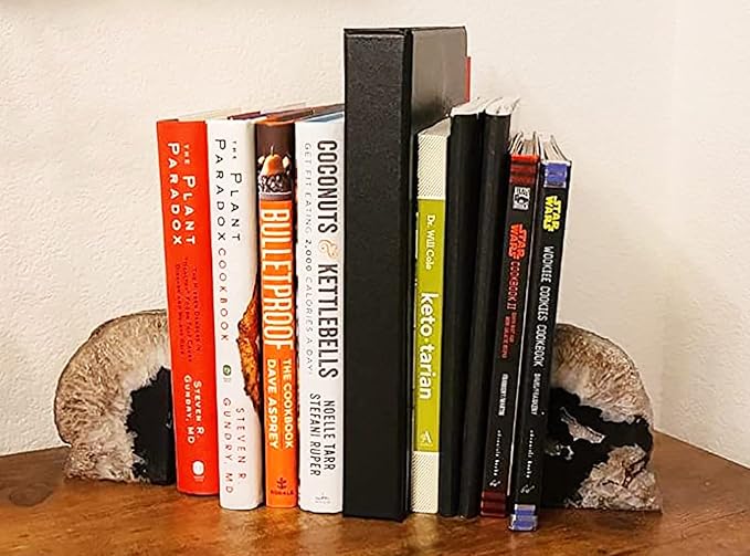 Agate Geode Bookends Heavy Duty Natural Crystal Stone Book Holders Decor | Polished Stone Book Stoppers Supports Home Office Decor with Rubber Bumpers Natural Black 1 Pair, 2-3 LBS