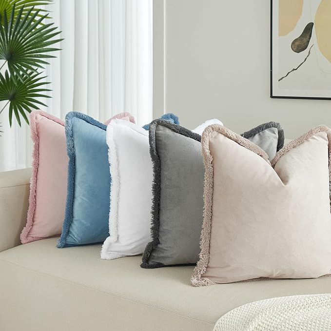 JUSPURBET Champagne Decorative Velvet Fringe Throw Pillow Covers 22x22 Set of 2 Boho Soft Cushion Case for Home Decor Living Room Couch Sofa Bed