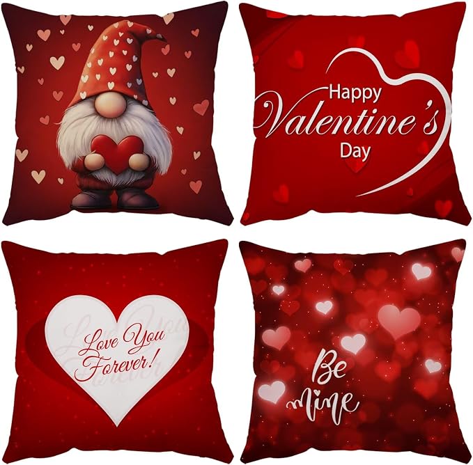 YeeJu Happy Valentines Day Pillow Covers 24x24 Set of 4 Red Love Heart Gnome Pillow Cases Velvet Wedding Anniversary Love You Cushion Covers for Outdoor Couch Sofa Decoration(24 Inch)
