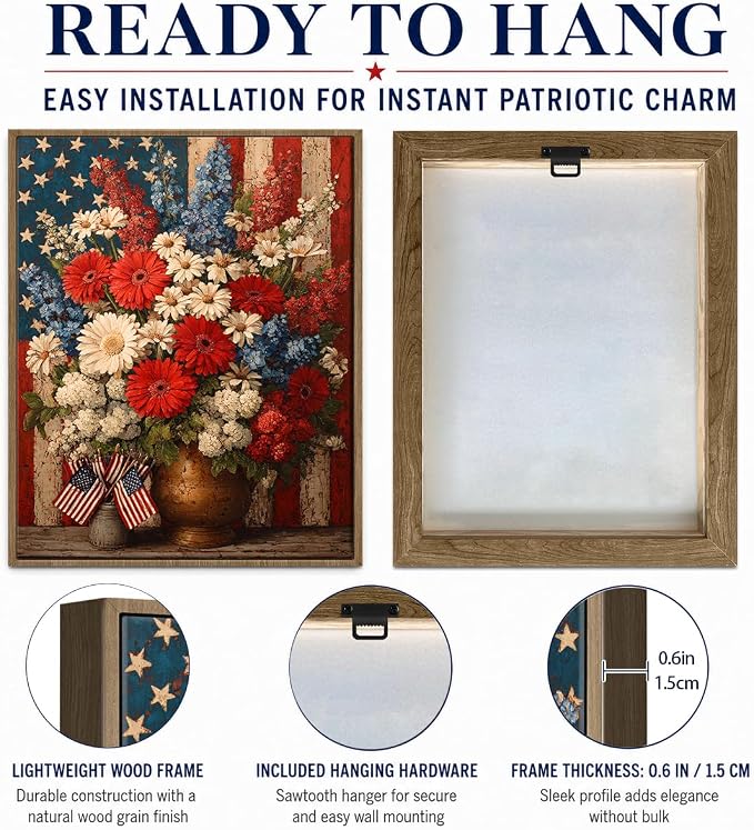 American Flag Framed Canvas Wall Art, 4th of July Patriotic Canvas Prints | Boy Holding USA Flag Poster Print, Modern Independence Day Wall Decor for Living Room Kids Room Dining Room Office 24×36in