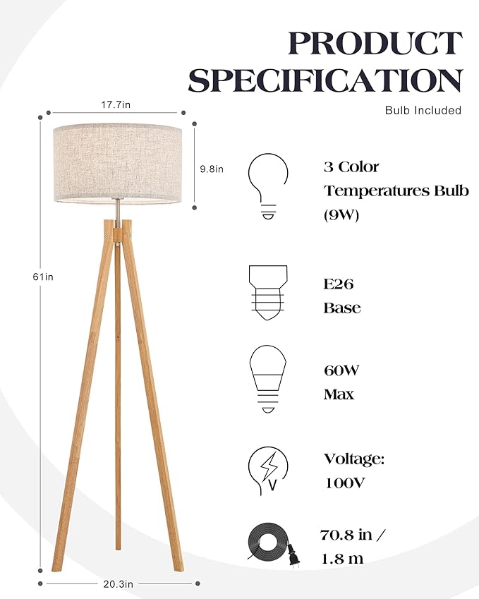 ELYONA Nordic Wood Tripod Floor Lamp, Modern Reading Standing Lamp for Living Room 3 Color Temperatures LED Bulb Included Flaxen Lamp Shade, Boho Natural Wooden floor lamp for Bedroom Office Kids Room